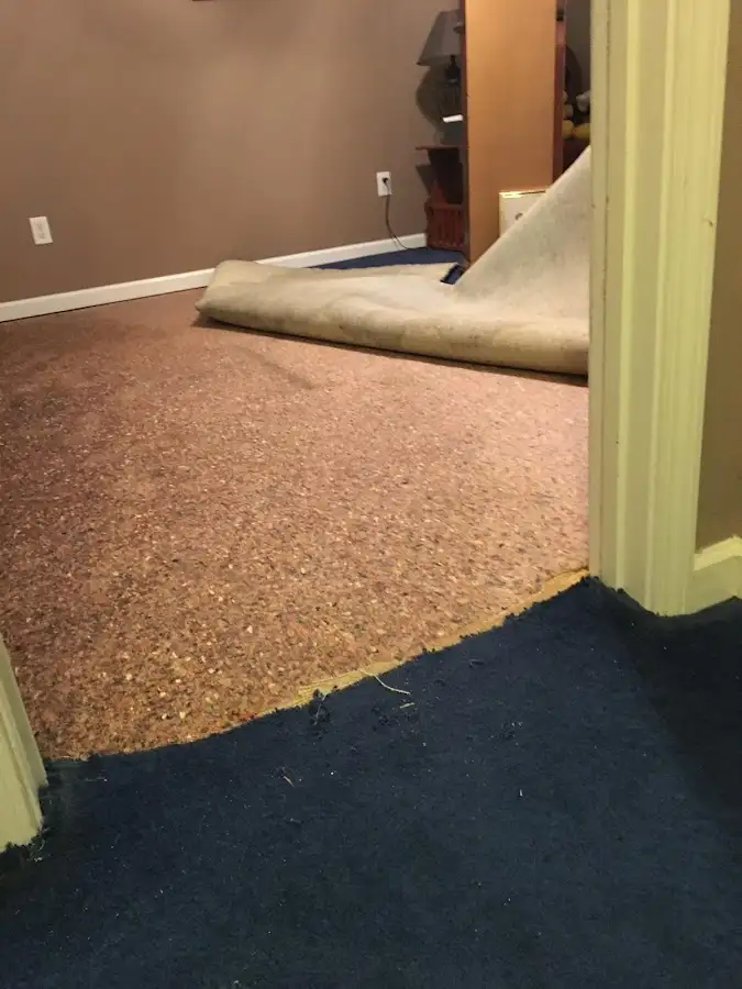 Carpet pad removal revealing water damage during Water Mitigation Services in Baytown